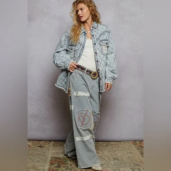 NEW Pol “Rochester” Dust & Denim Quilted Lace Panel Shacket / Jacket Stud Detail - Picture 7 of 7